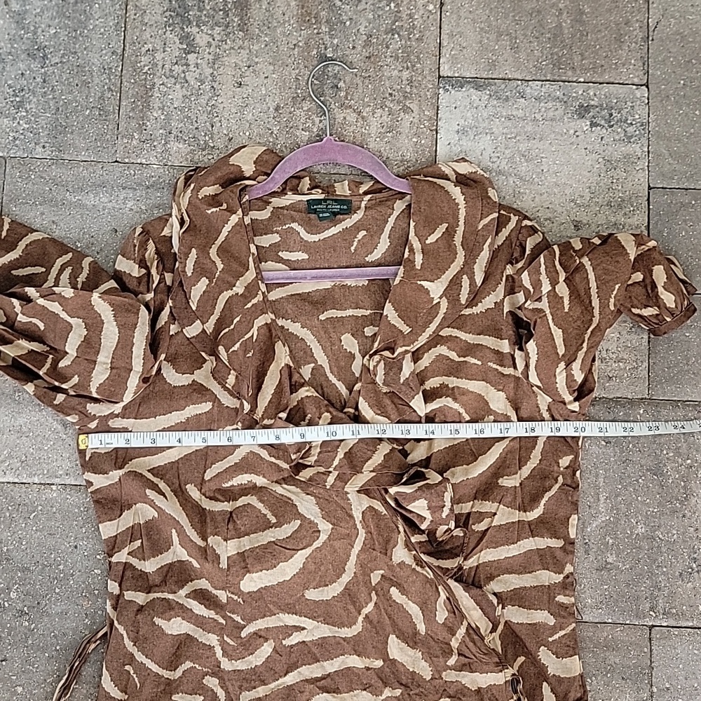Lauren Ralph Lauren Brown and Tan Zebra Print Wrap Blouse Cotton Sz L - Picture 5 of 11